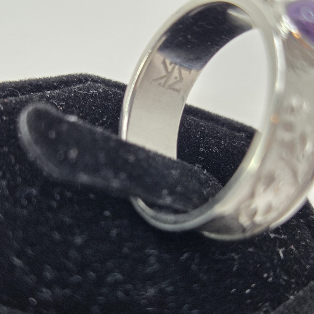 Vintage Embossed Sterling Designer Cabachon Amethyst Diamond Band Ring Size 8.75 - Picture 5 of 9